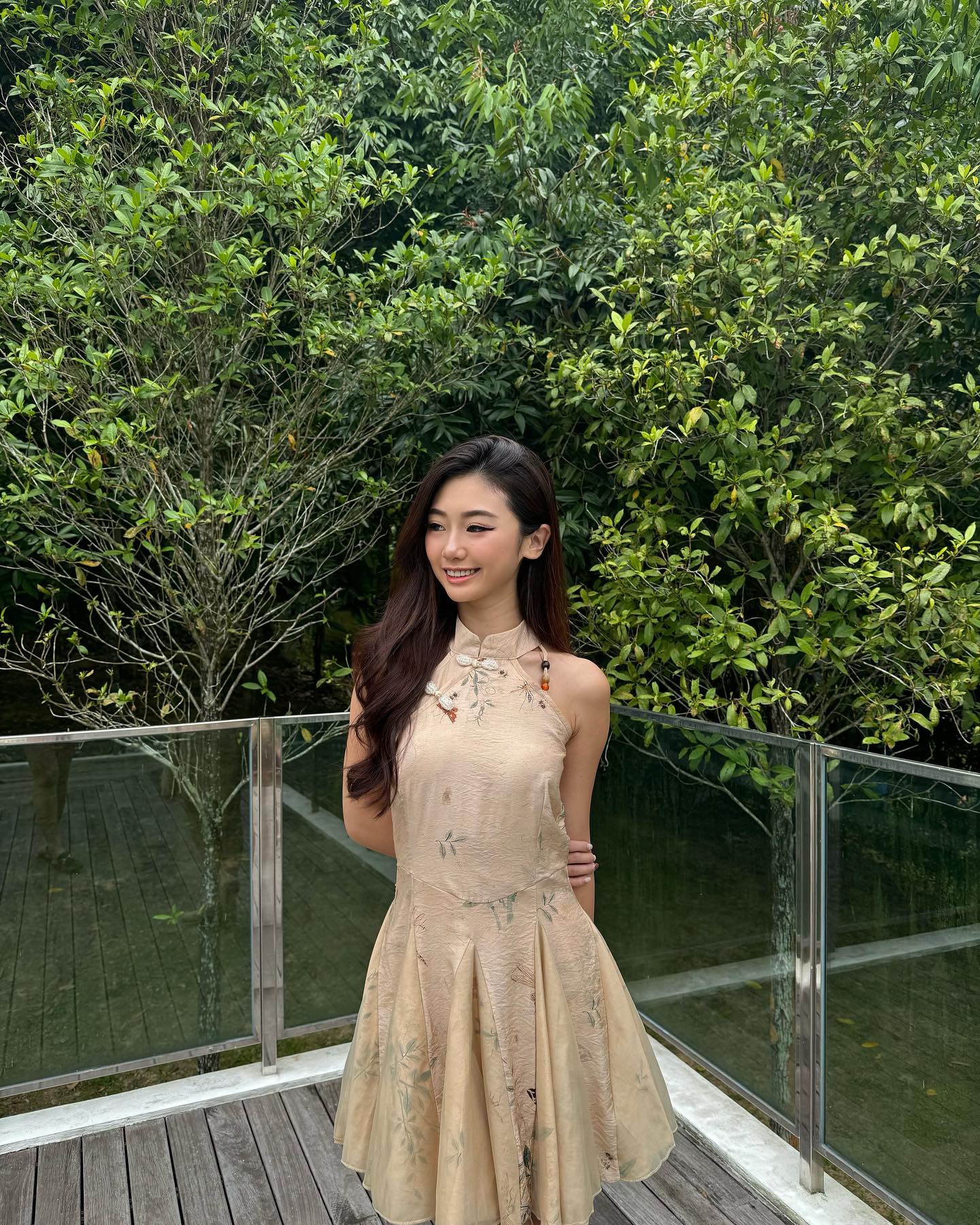 Khaki Floral Halter Cheongsam Dress