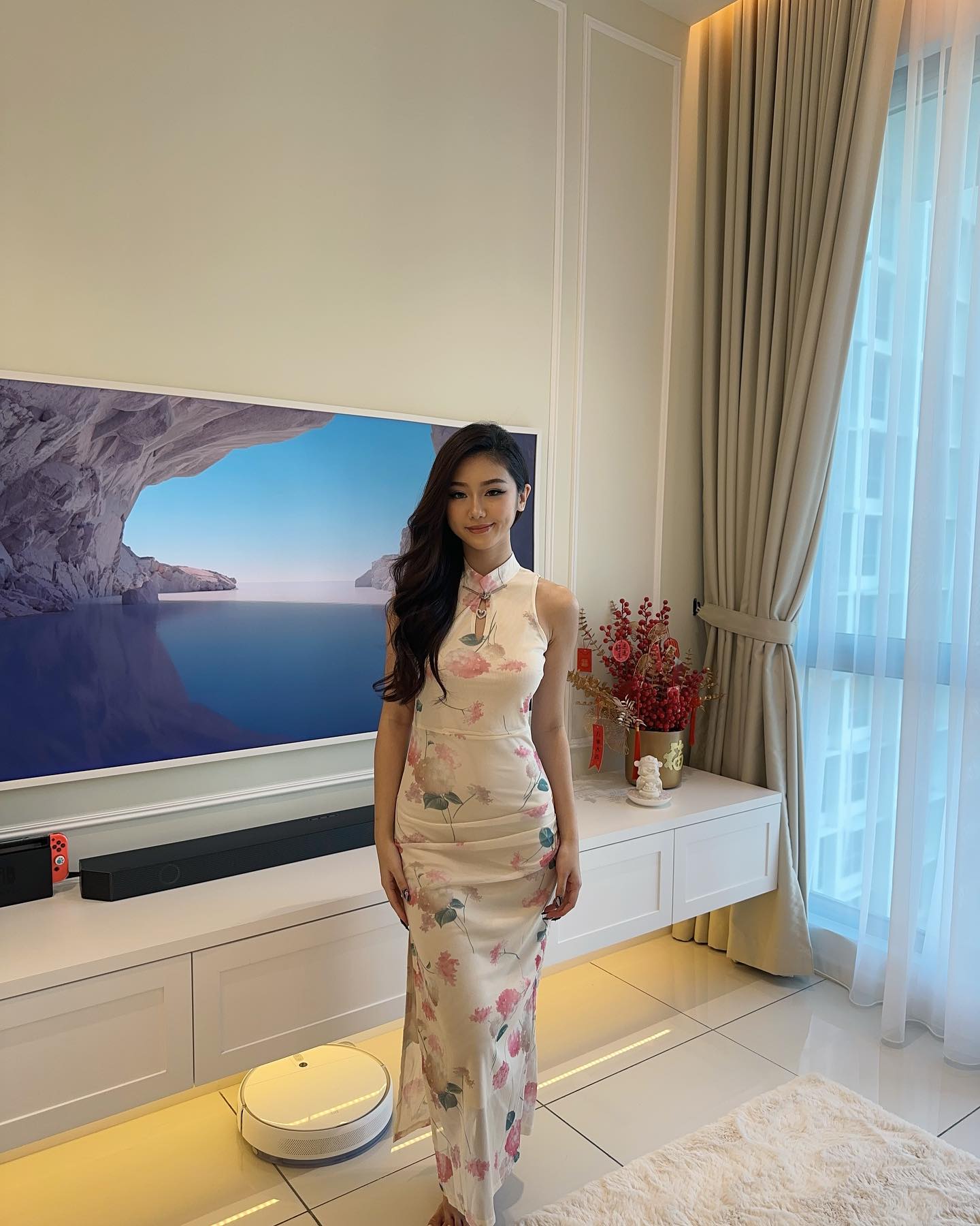 Beige Floral Long Cheongsam