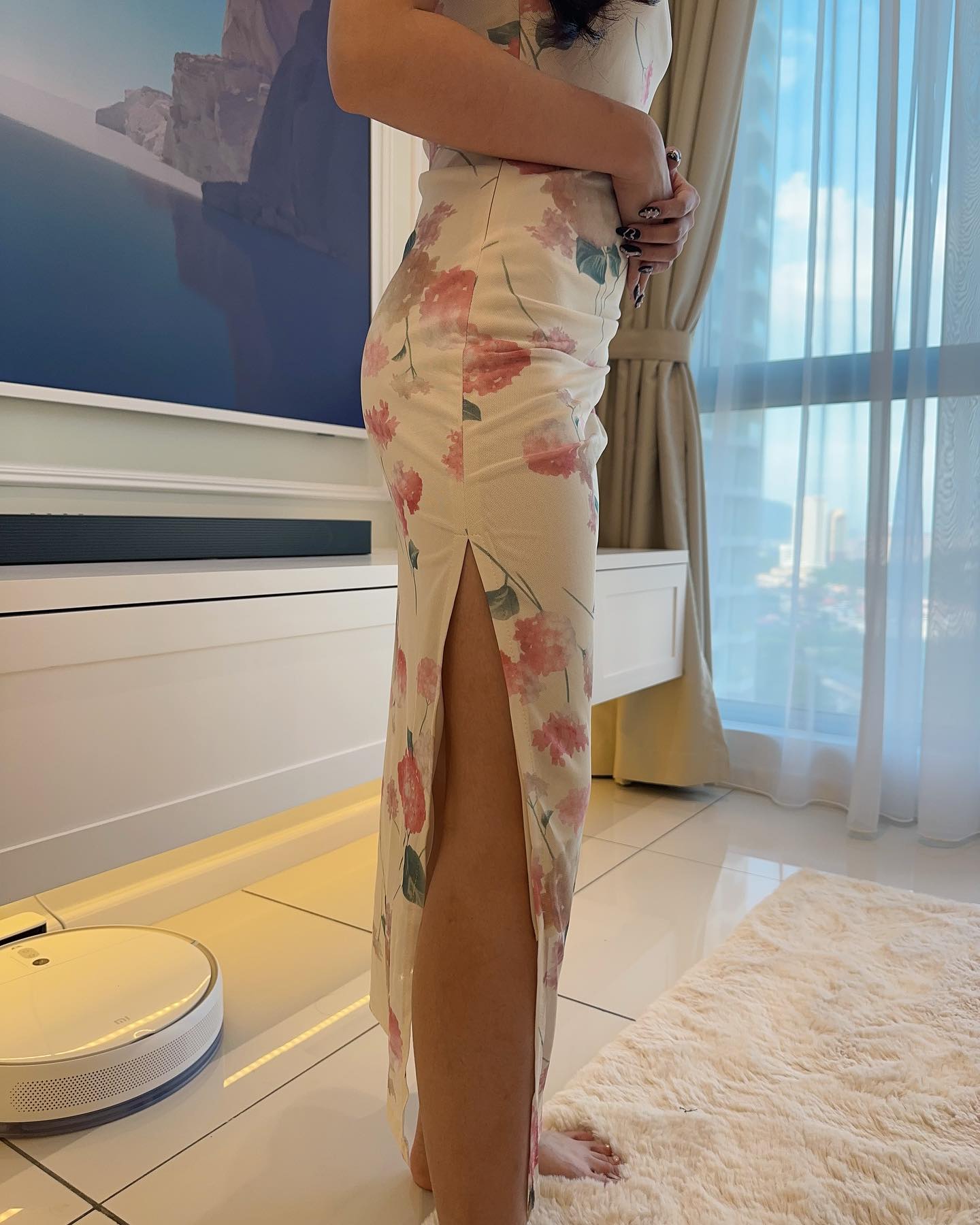 Beige Floral Long Cheongsam