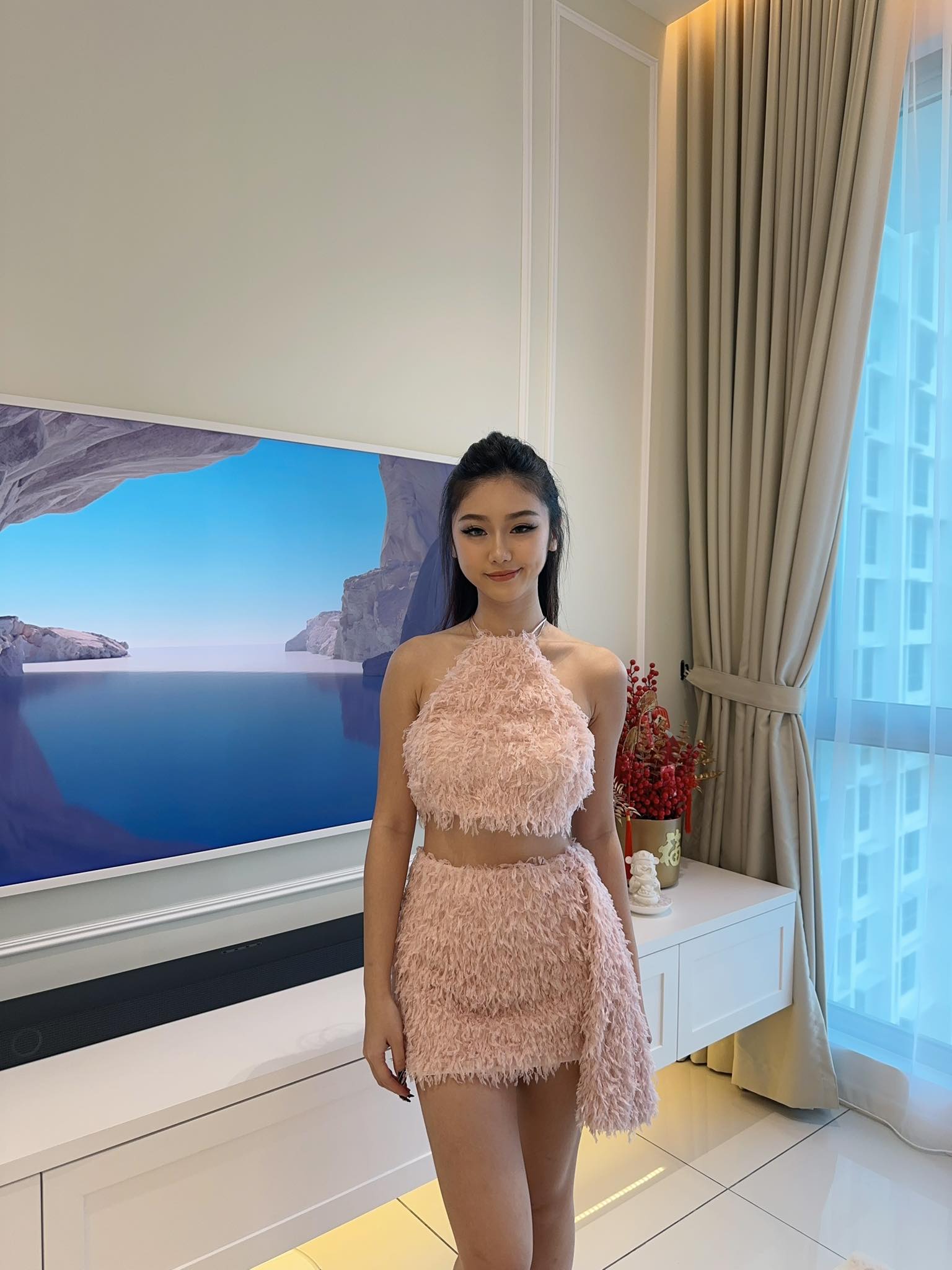 Pink Furry Halter Top & Skirt Set