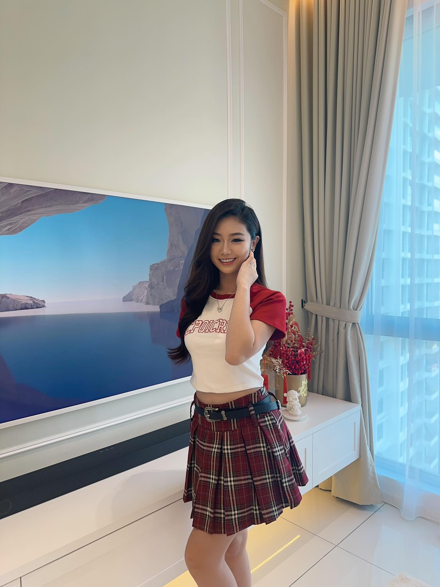 Crop Top & Red Checkered Skirt Set