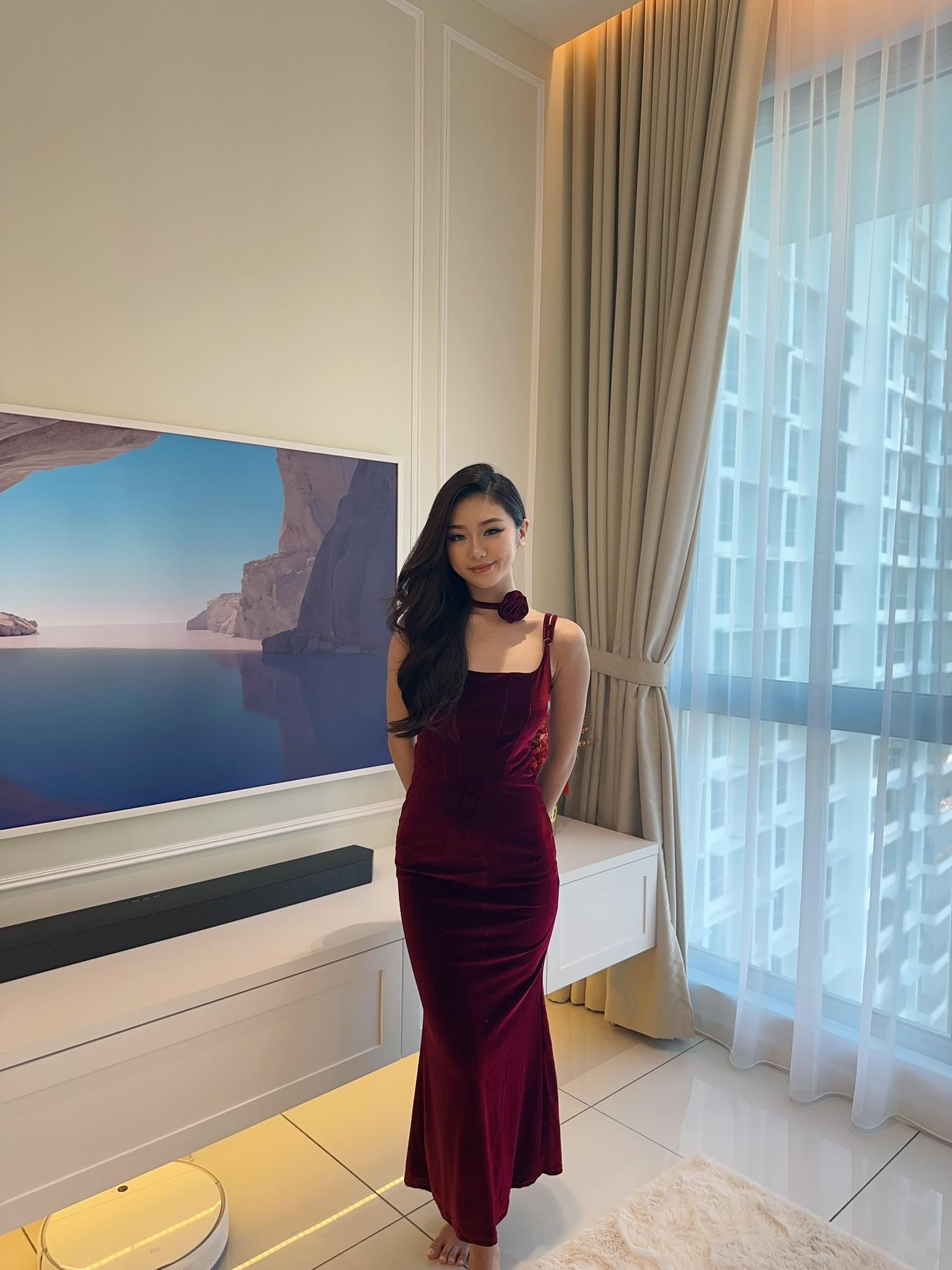 Suede Wine Red Sleeveless Long Dress