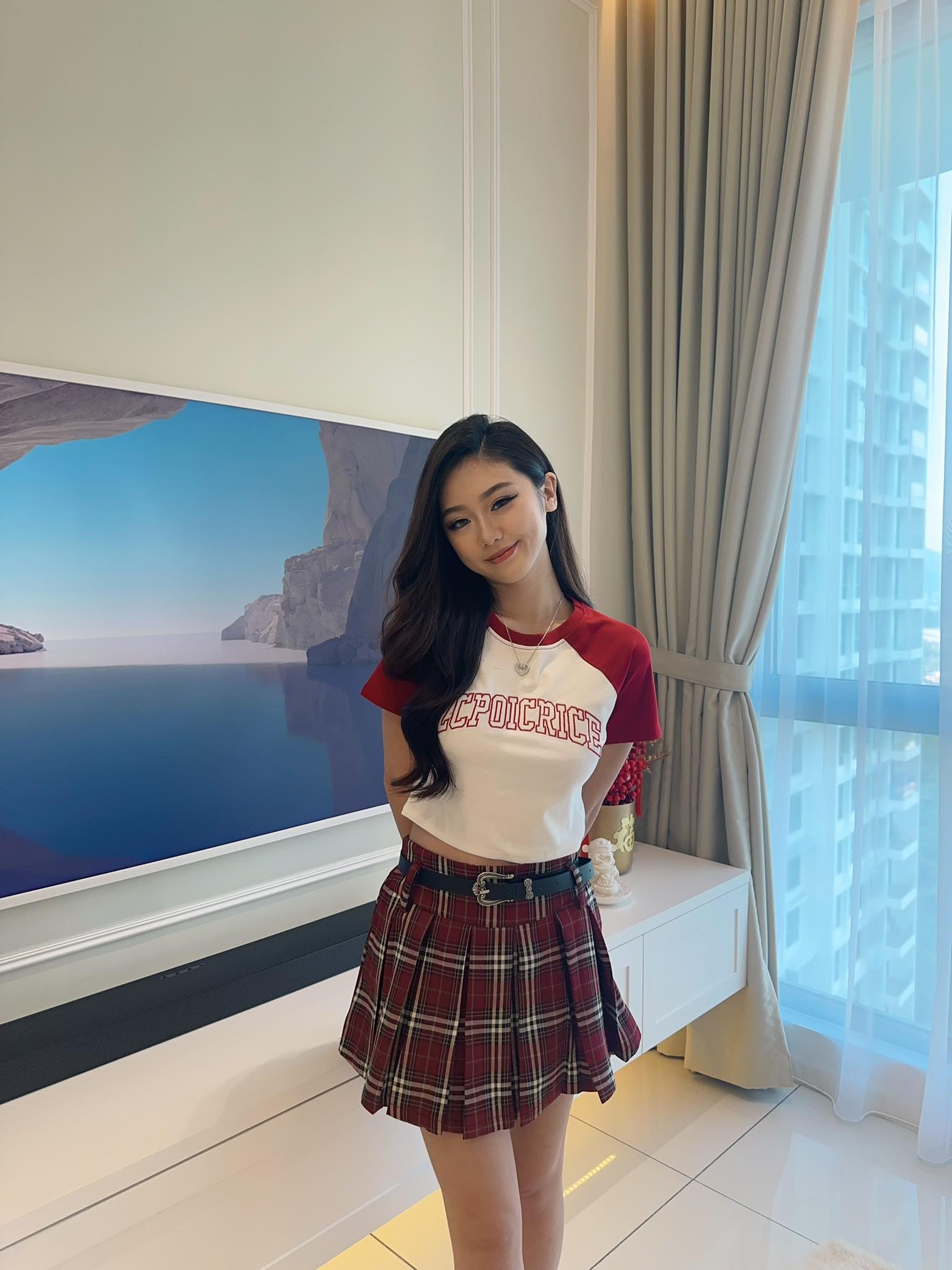 Crop Top & Red Checkered Skirt Set