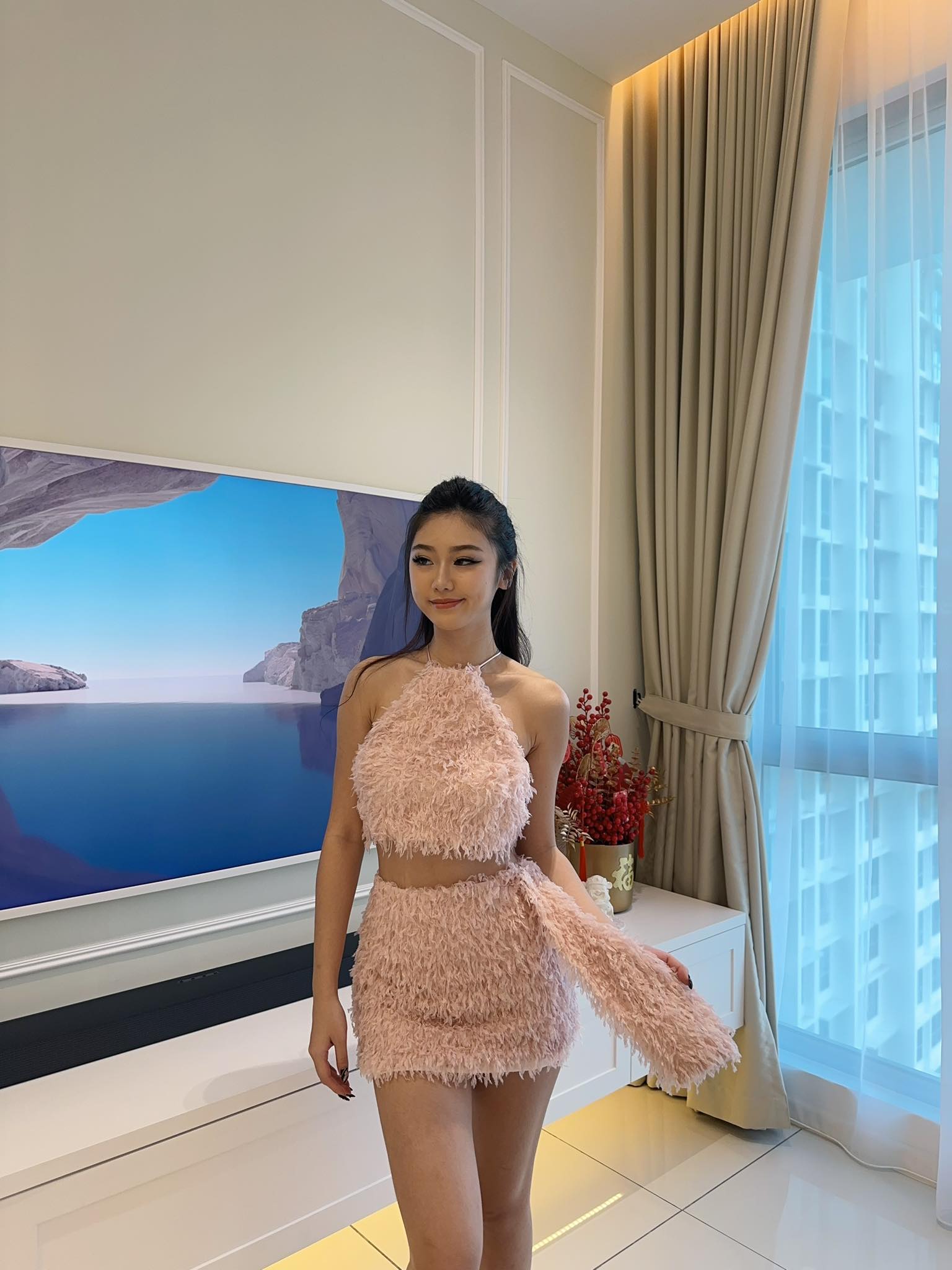 Pink Furry Halter Top & Skirt Set