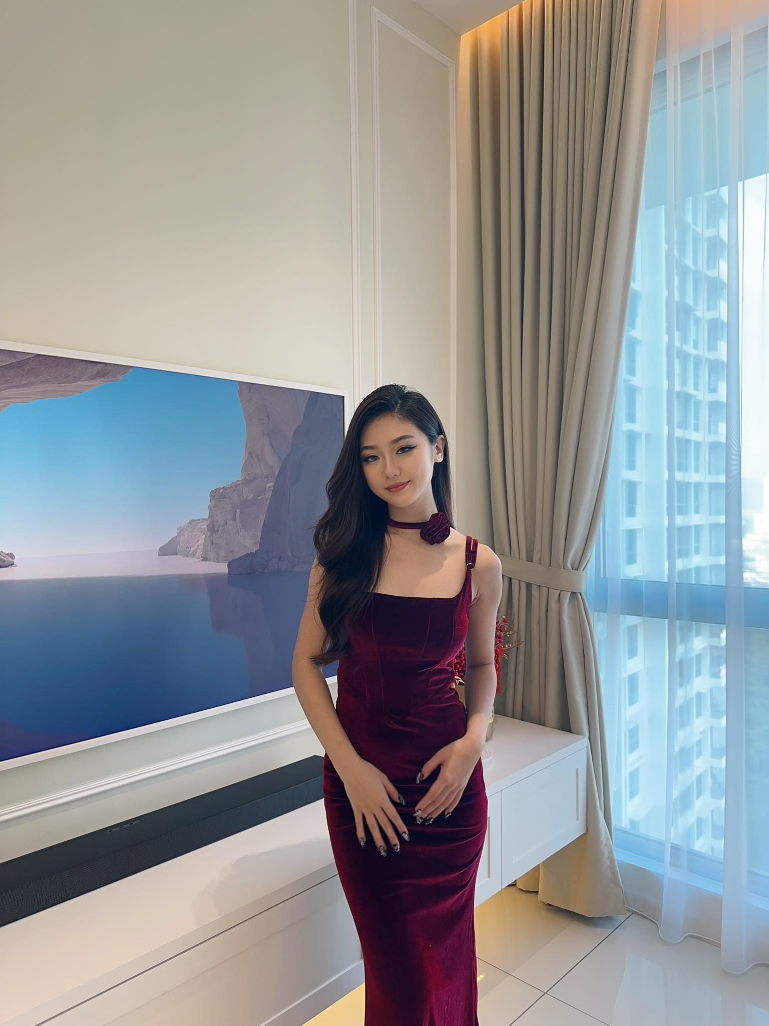 Suede Wine Red Sleeveless Long Dress