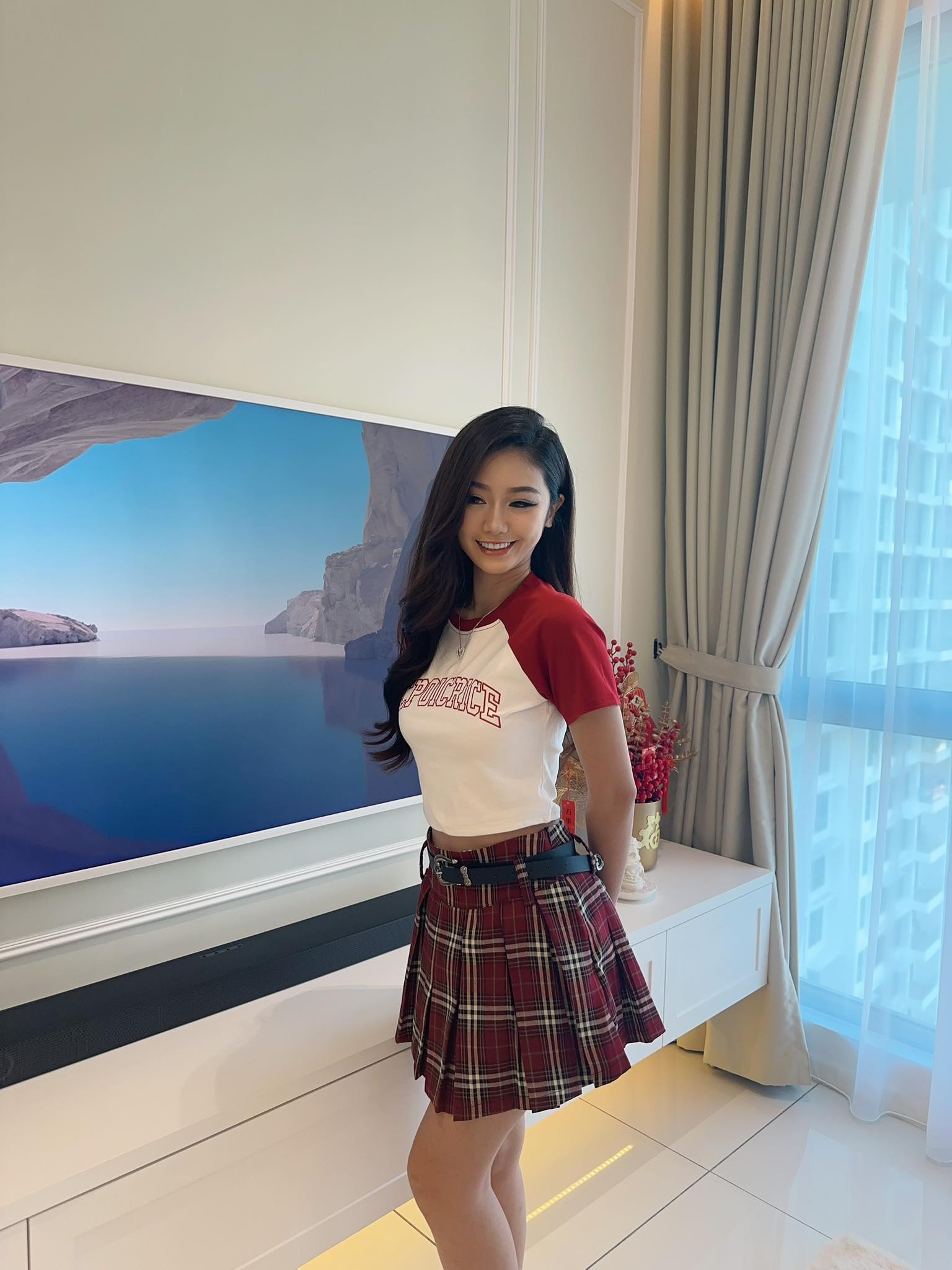 Crop Top & Red Checkered Skirt Set