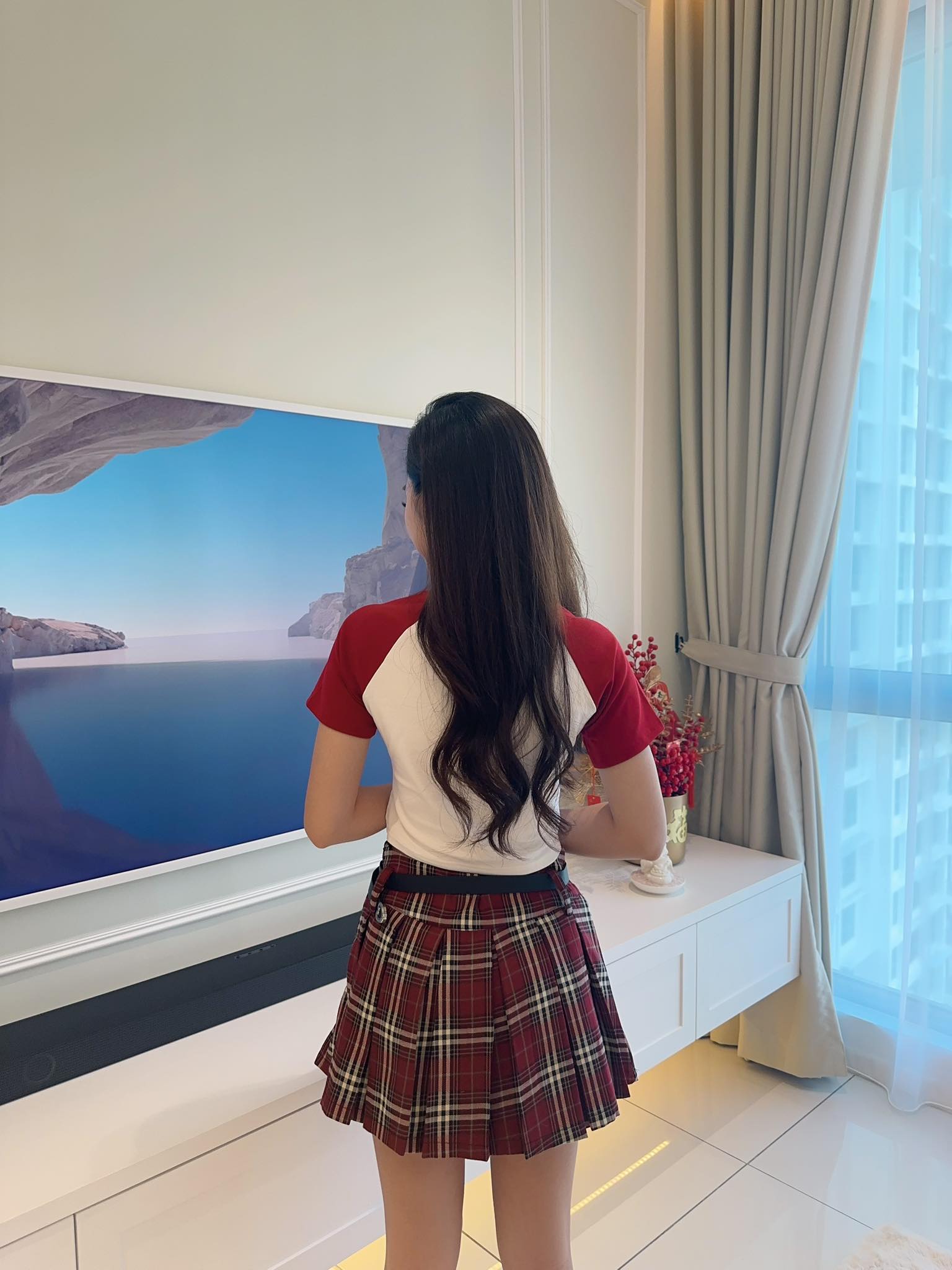 Crop Top & Red Checkered Skirt Set