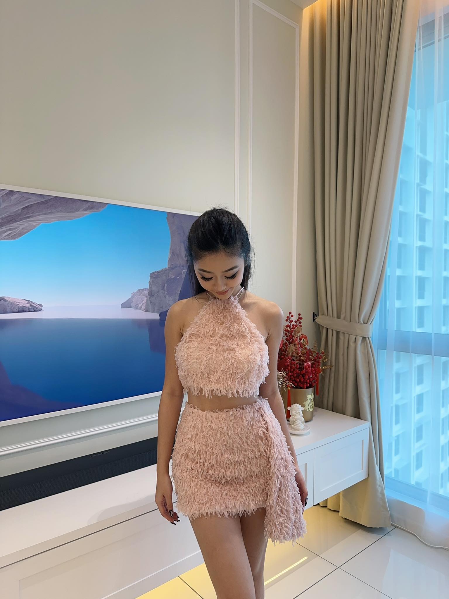 Pink Furry Halter Top & Skirt Set