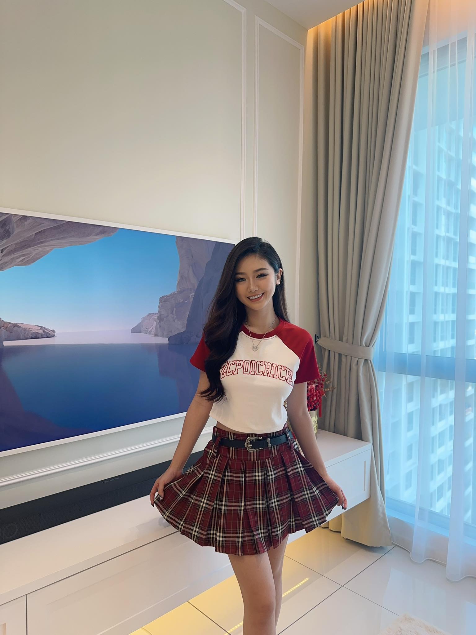 Crop Top & Red Checkered Skirt Set