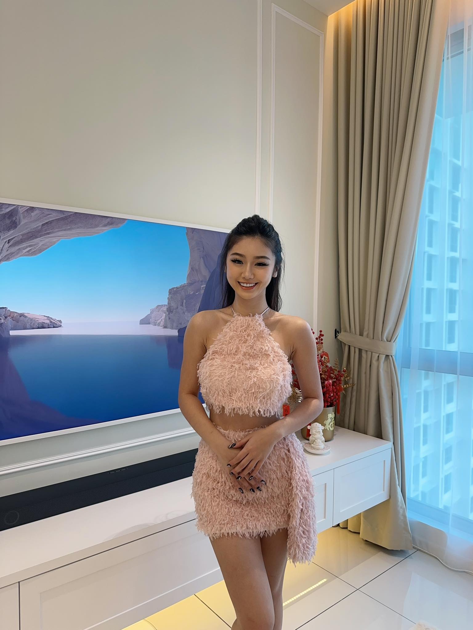 Pink Furry Halter Top & Skirt Set