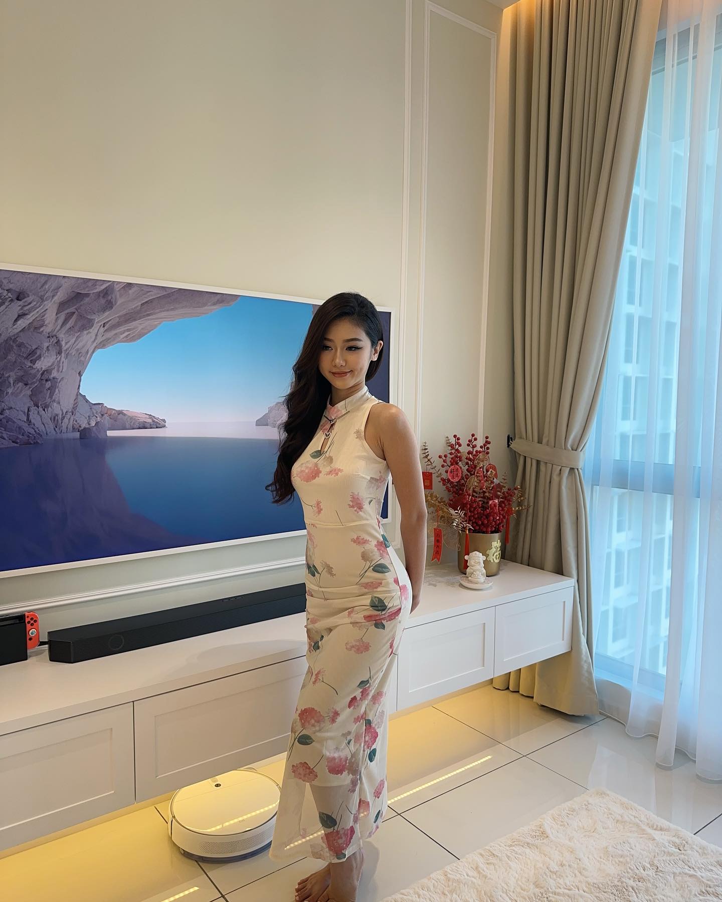 Beige Floral Long Cheongsam