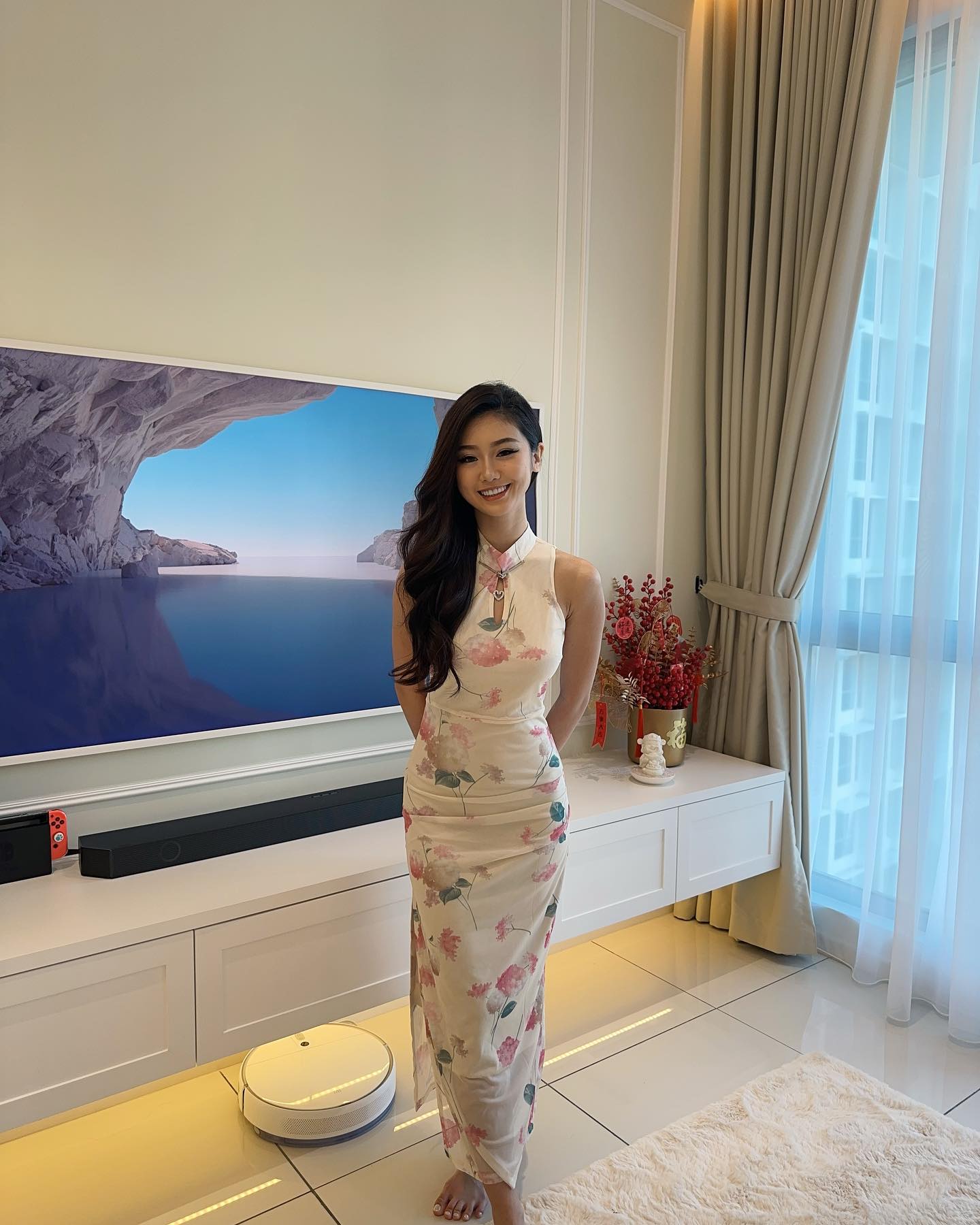 Beige Floral Long Cheongsam