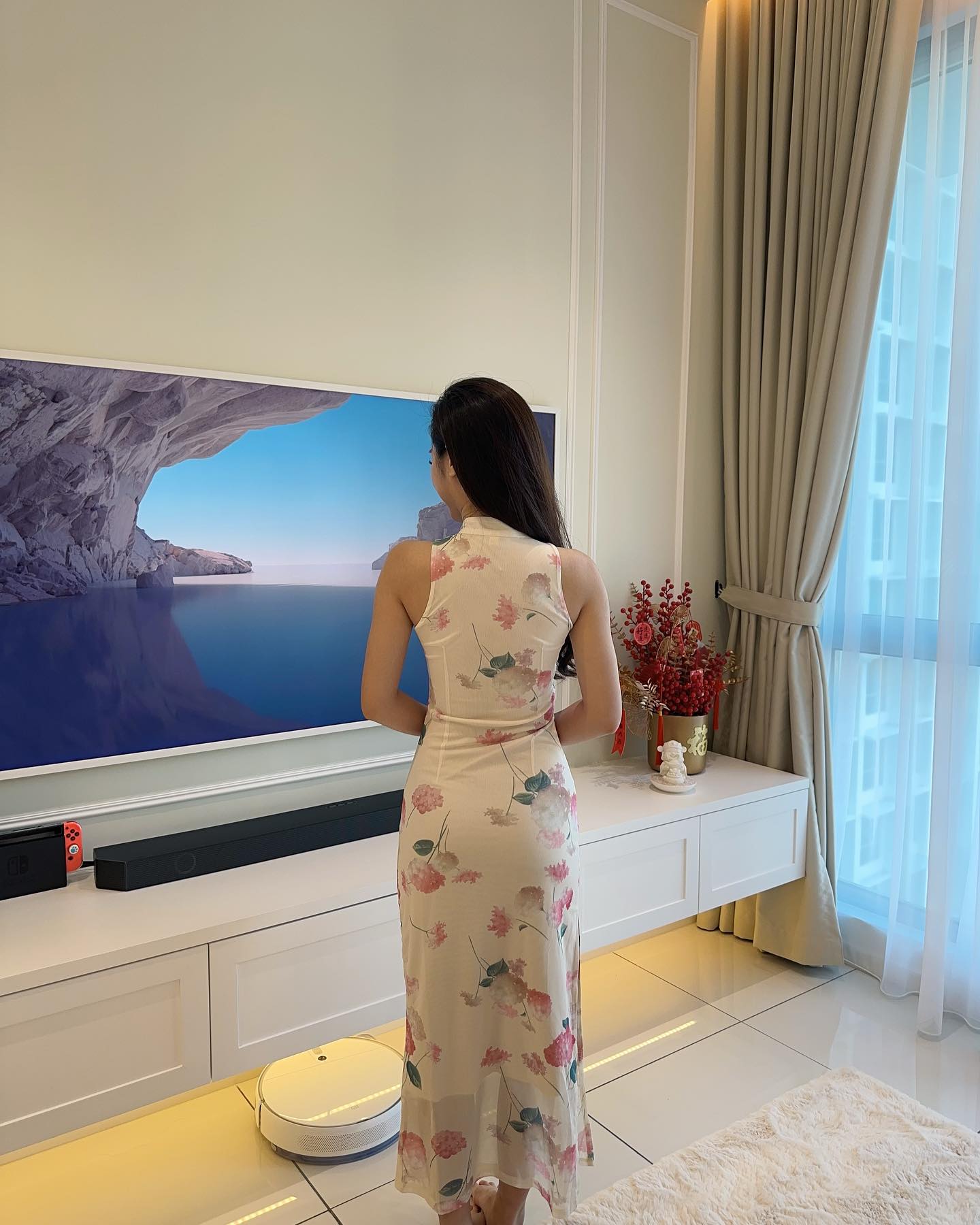 Beige Floral Long Cheongsam