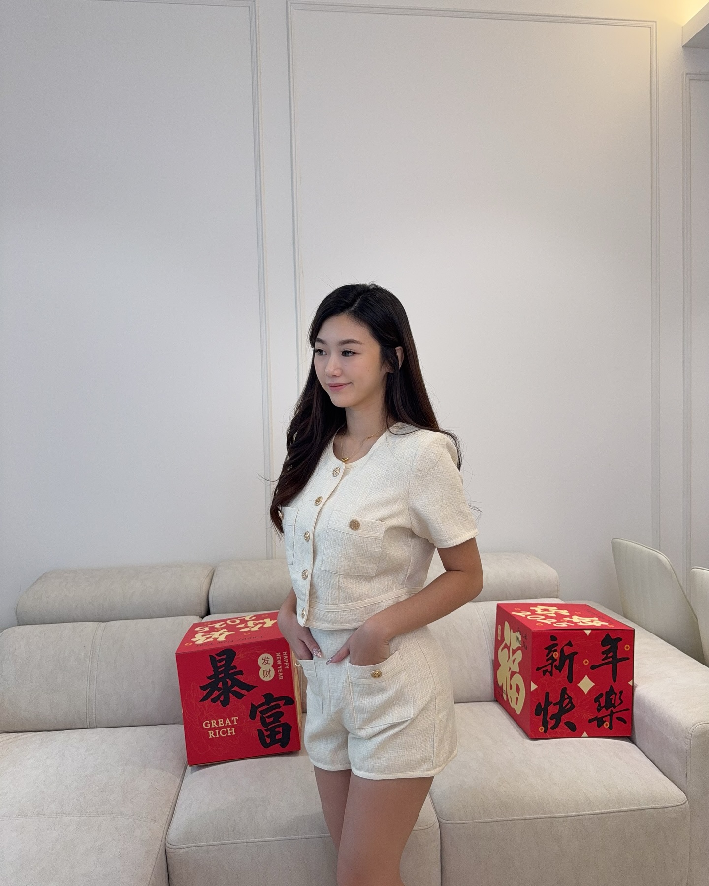 Almond Tweed Blouse & Shorts Set