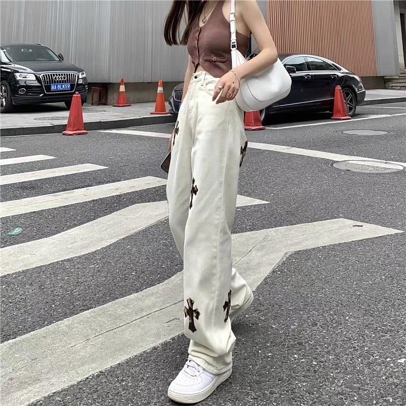 Cross Design Denim White High Waist Long Pants