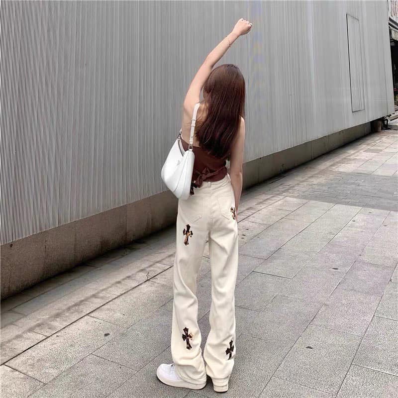 Cross Design Denim White High Waist Long Pants