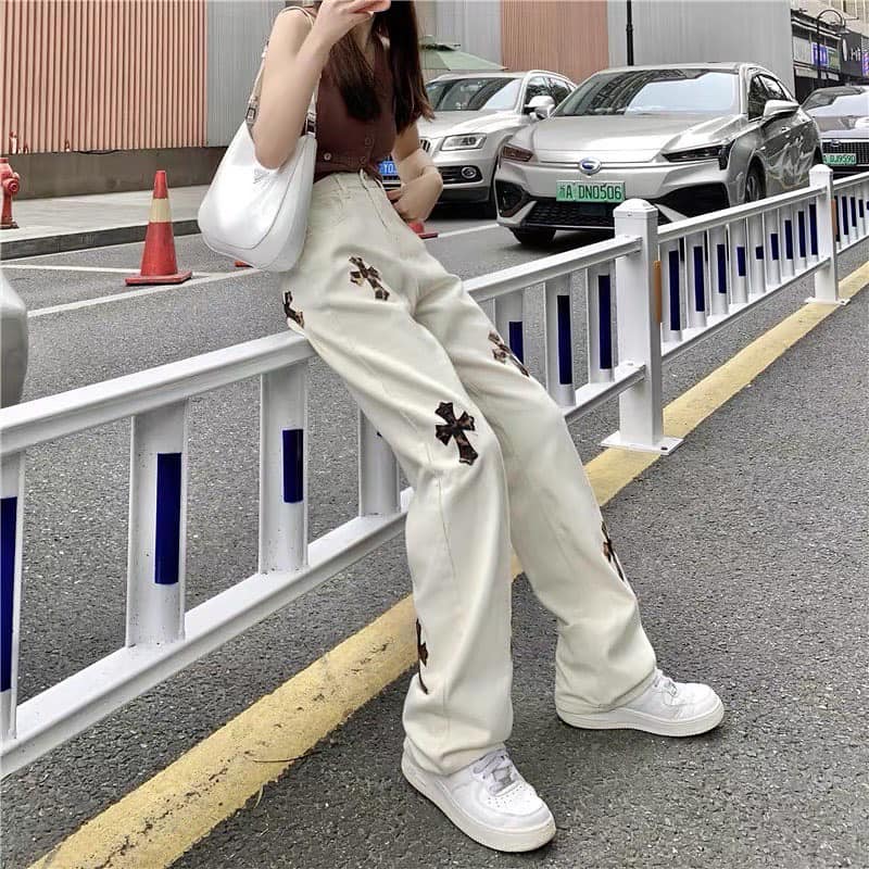 Cross Design Denim White High Waist Long Pants