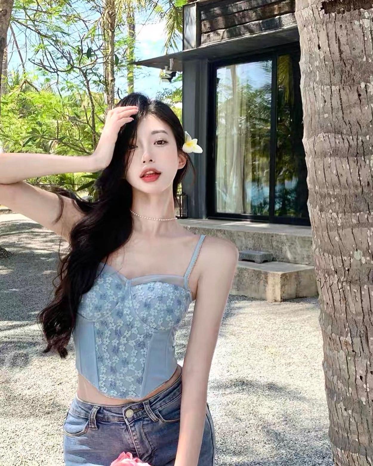 Blue Floral Sleeveless Blouse