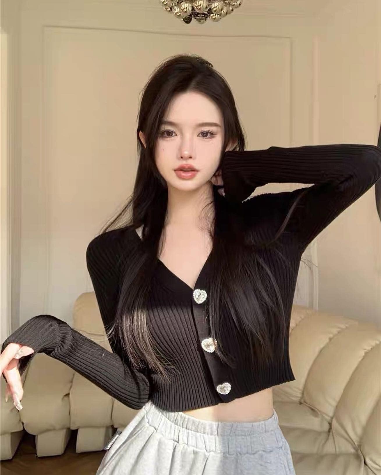 V Neck Heart Button Knit Blouse