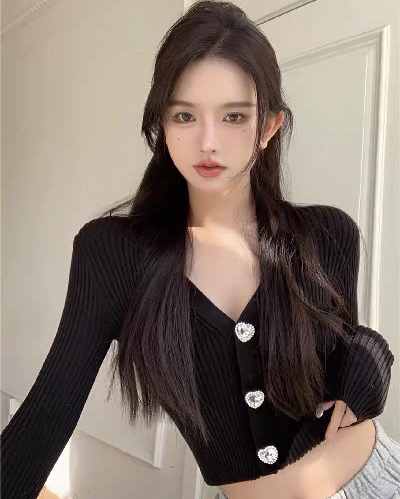 V Neck Heart Button Knit Blouse