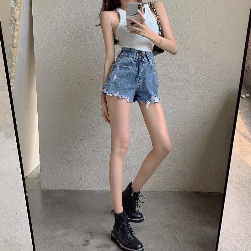 Denim high waist double buttons shorts
