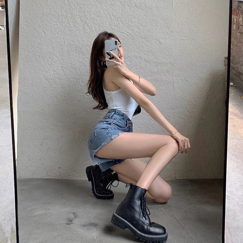 Denim high waist double buttons shorts