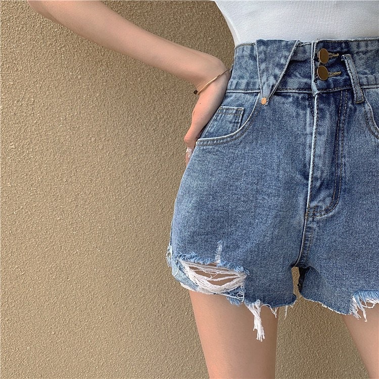 Denim high waist double buttons shorts