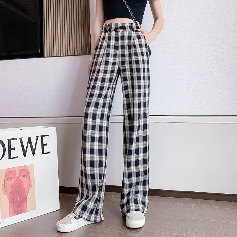 High waist checkered straight pants