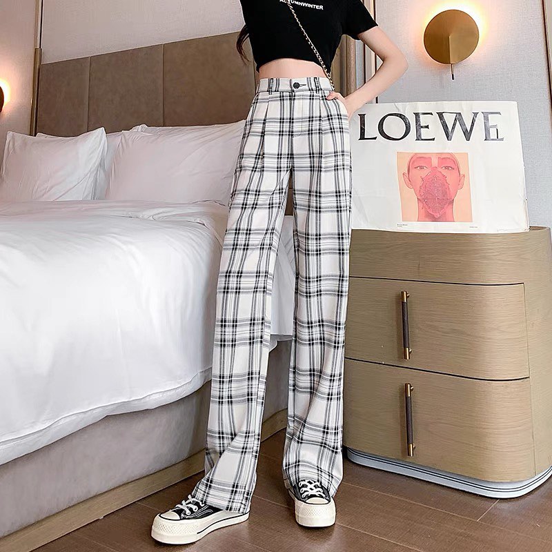 High waist checkered straight pants