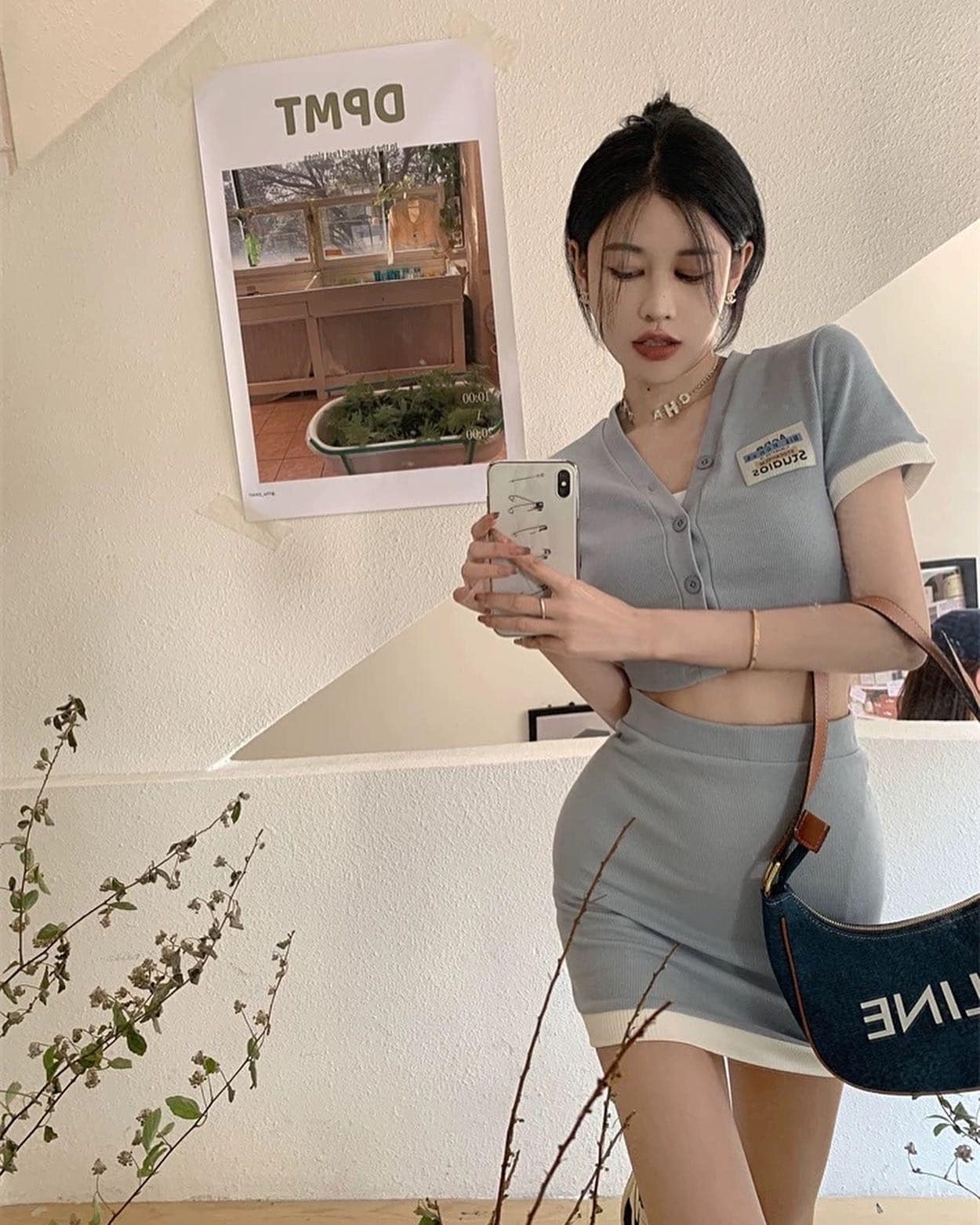 Blue Short Sleeve Button Top & Skirt Set Wear