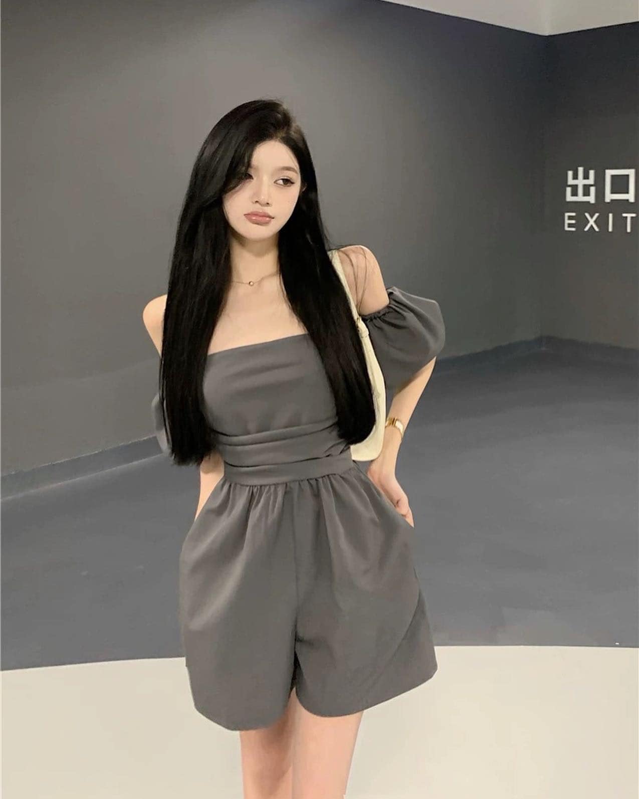 Grey Off Shoulder Romper