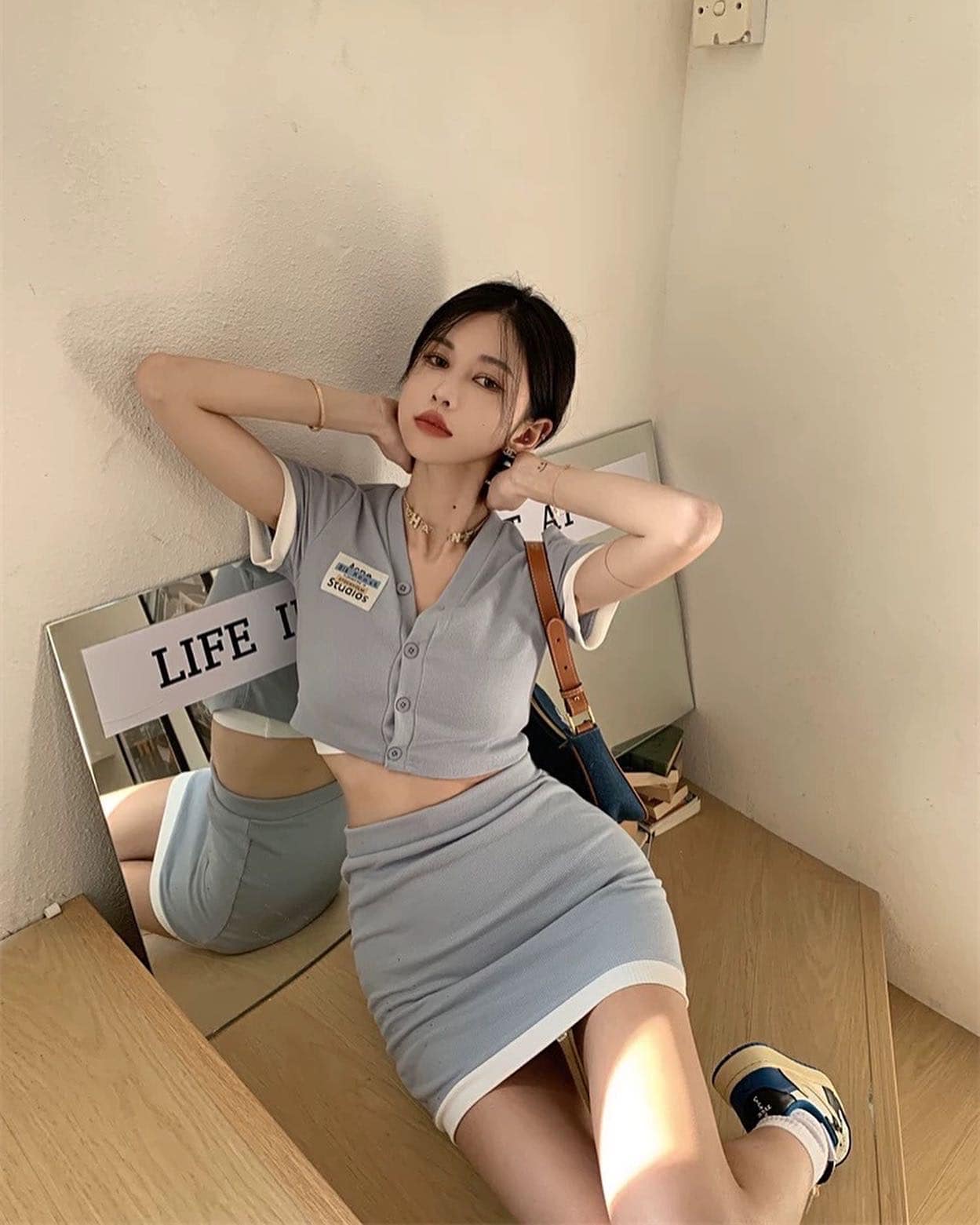 Blue Short Sleeve Button Top & Skirt Set Wear