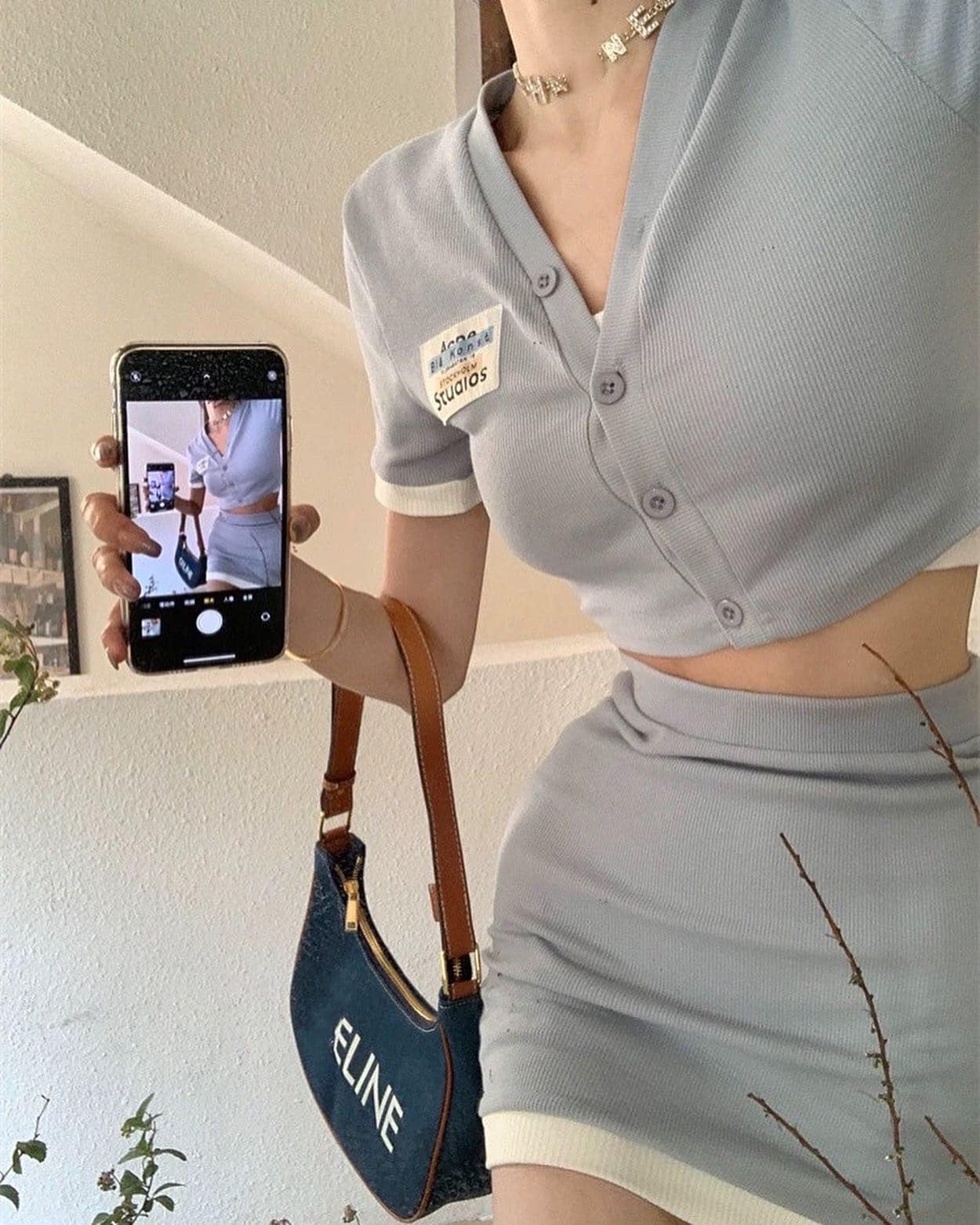 Blue Short Sleeve Button Top & Skirt Set Wear