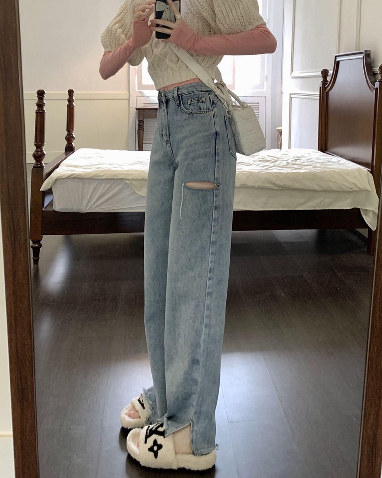 High Waist Denim Side Ripped Jeans