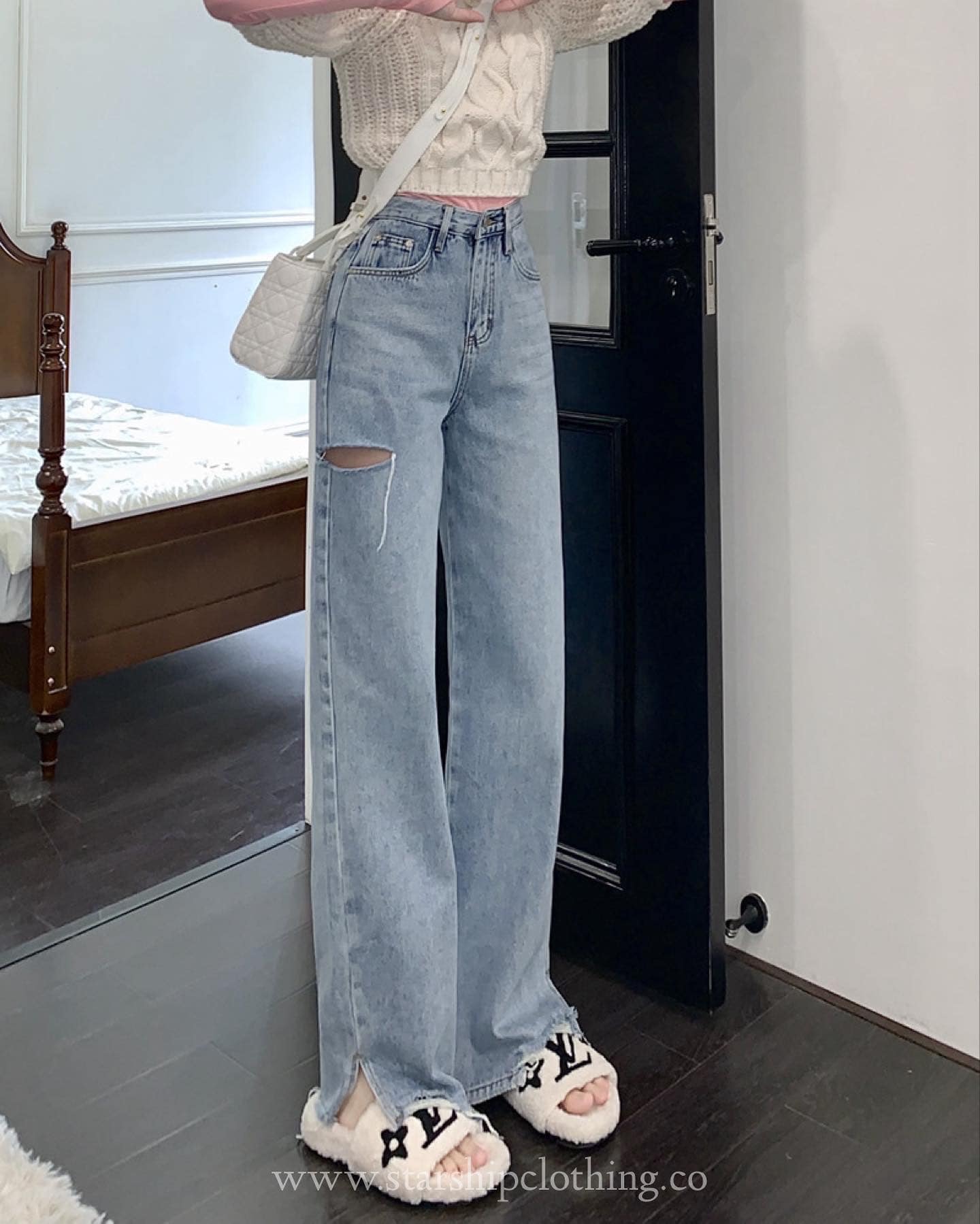 High Waist Denim Side Ripped Jeans