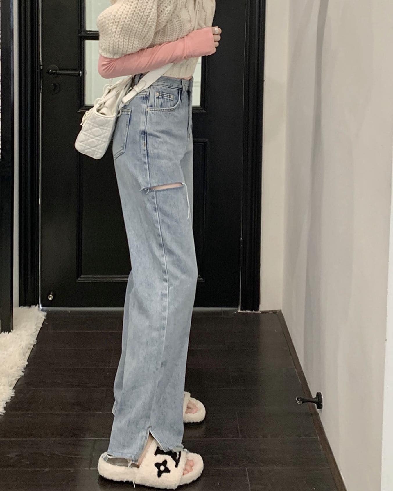 High Waist Denim Side Ripped Jeans