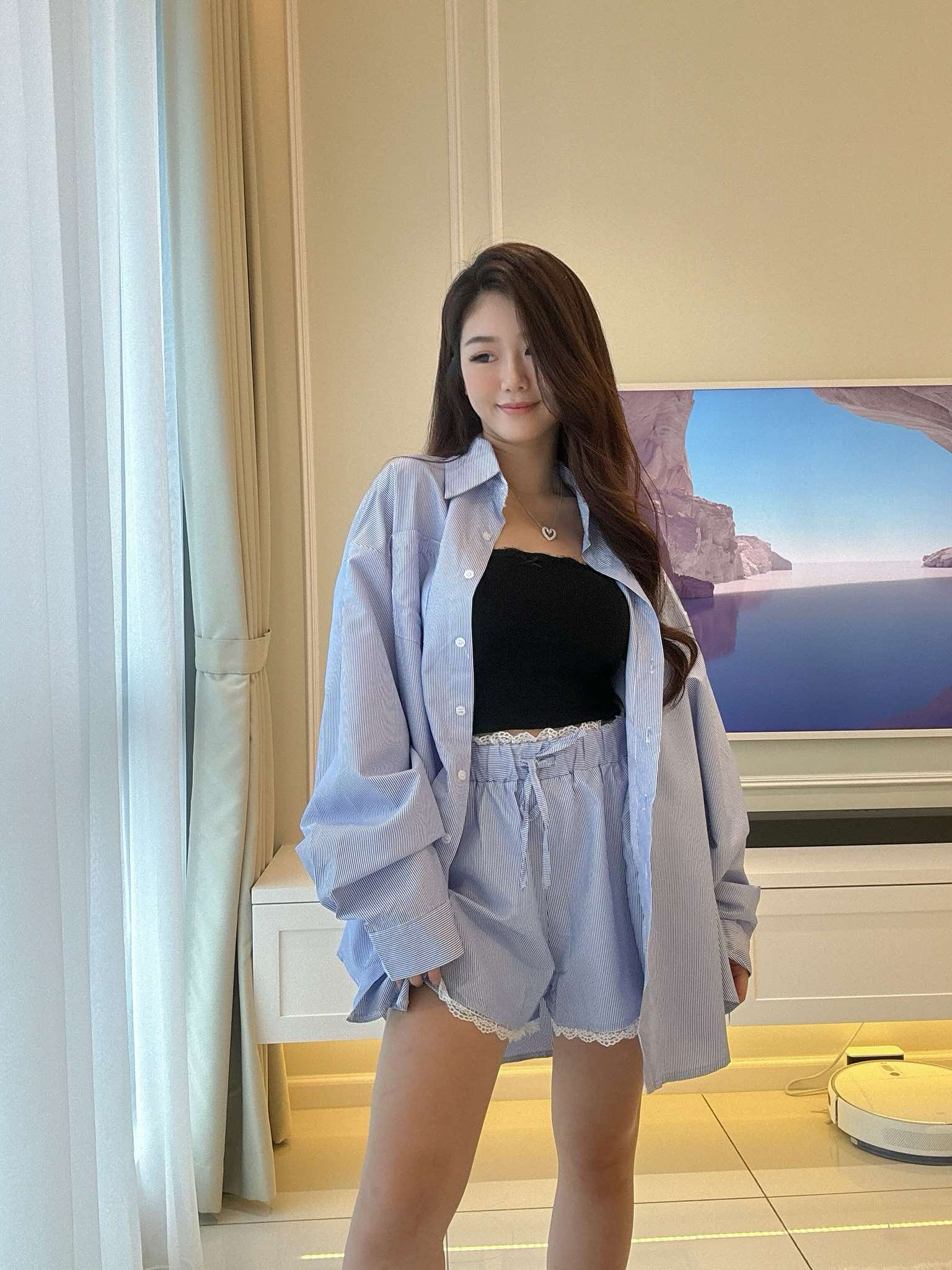 Blue Stripes Shirt & Shorts Set