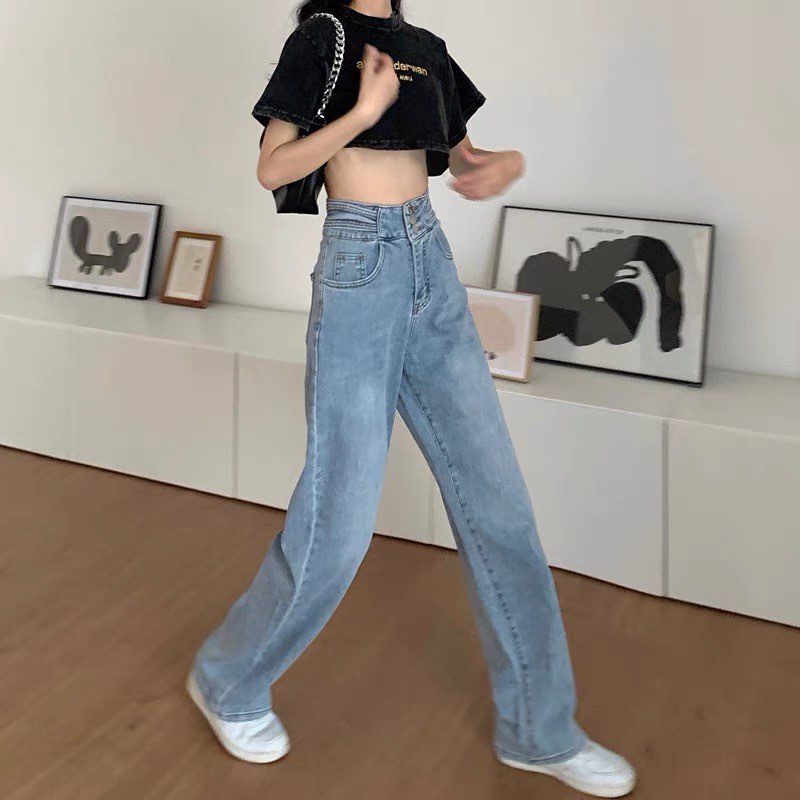 High waist denim wide leg pants