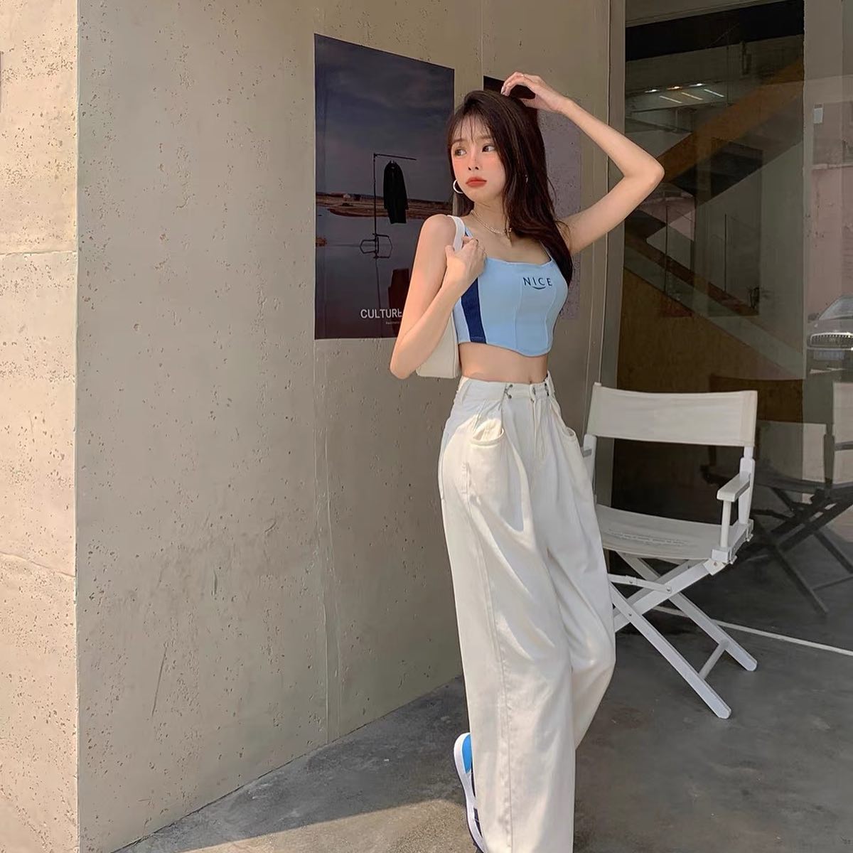 White denim high waist pants