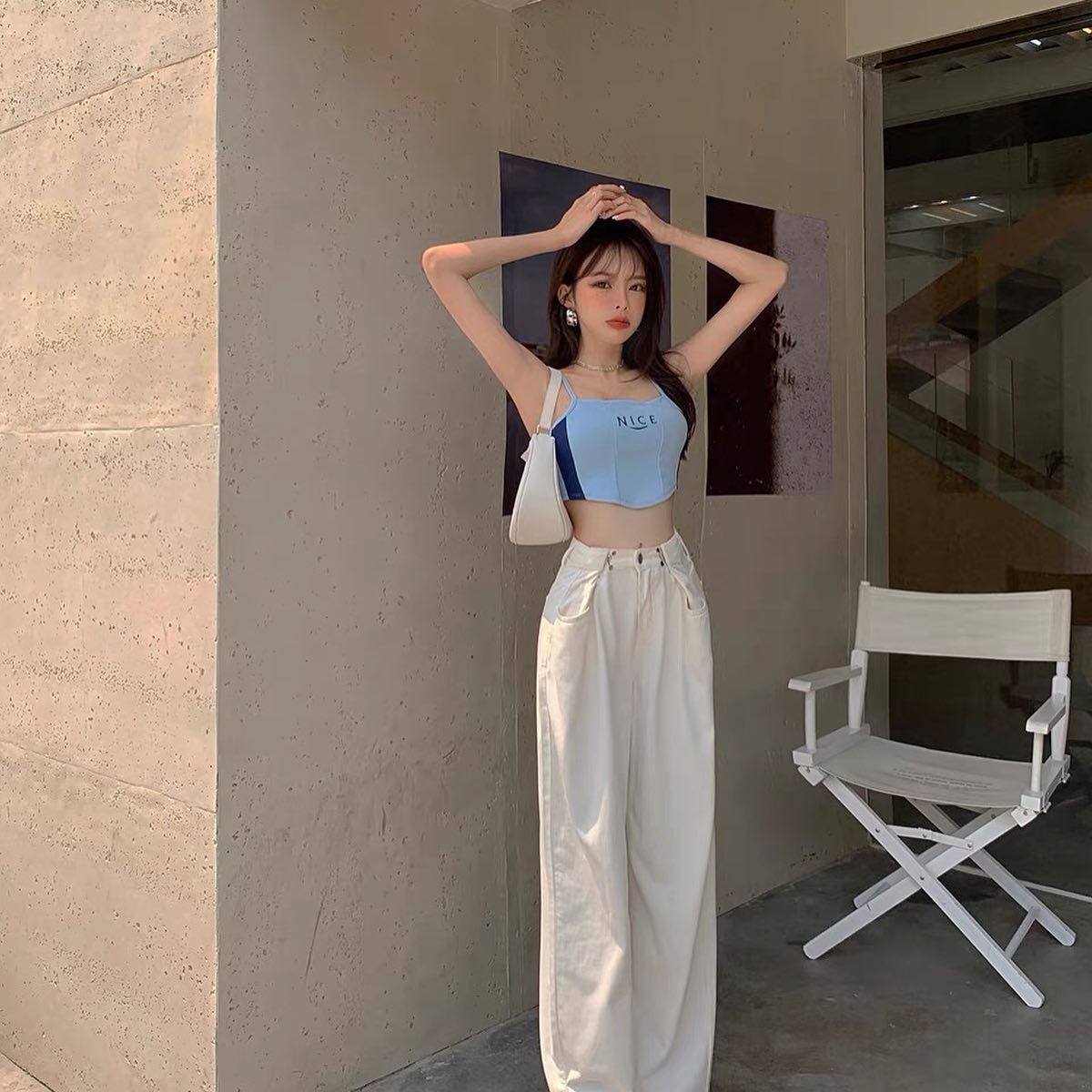 White denim high waist pants