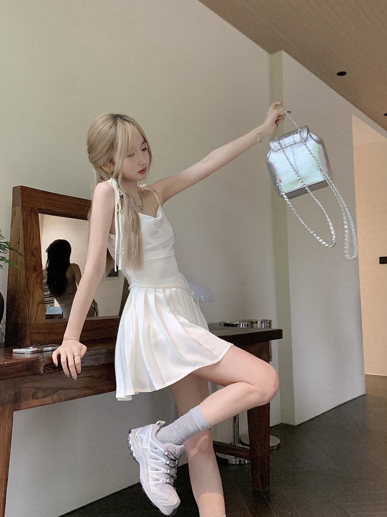 Satin Sleeveless Dress with Pearl Belt