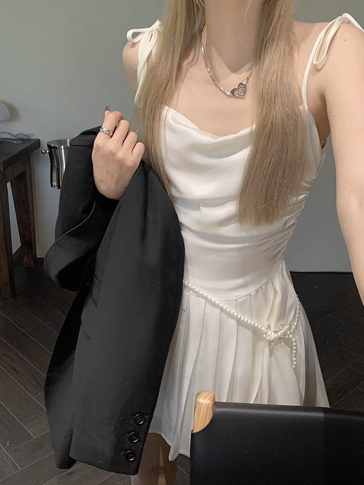 Satin Sleeveless Dress with Pearl Belt