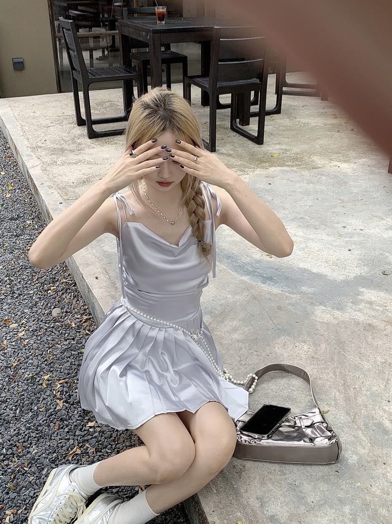 Satin Sleeveless Dress with Pearl Belt