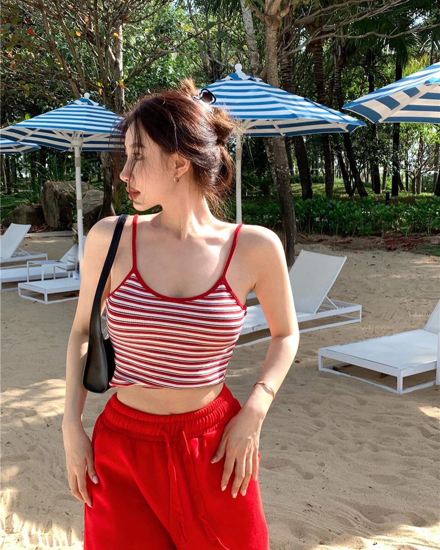 Red Stripes Crop Singlet & Red Long Pants Set