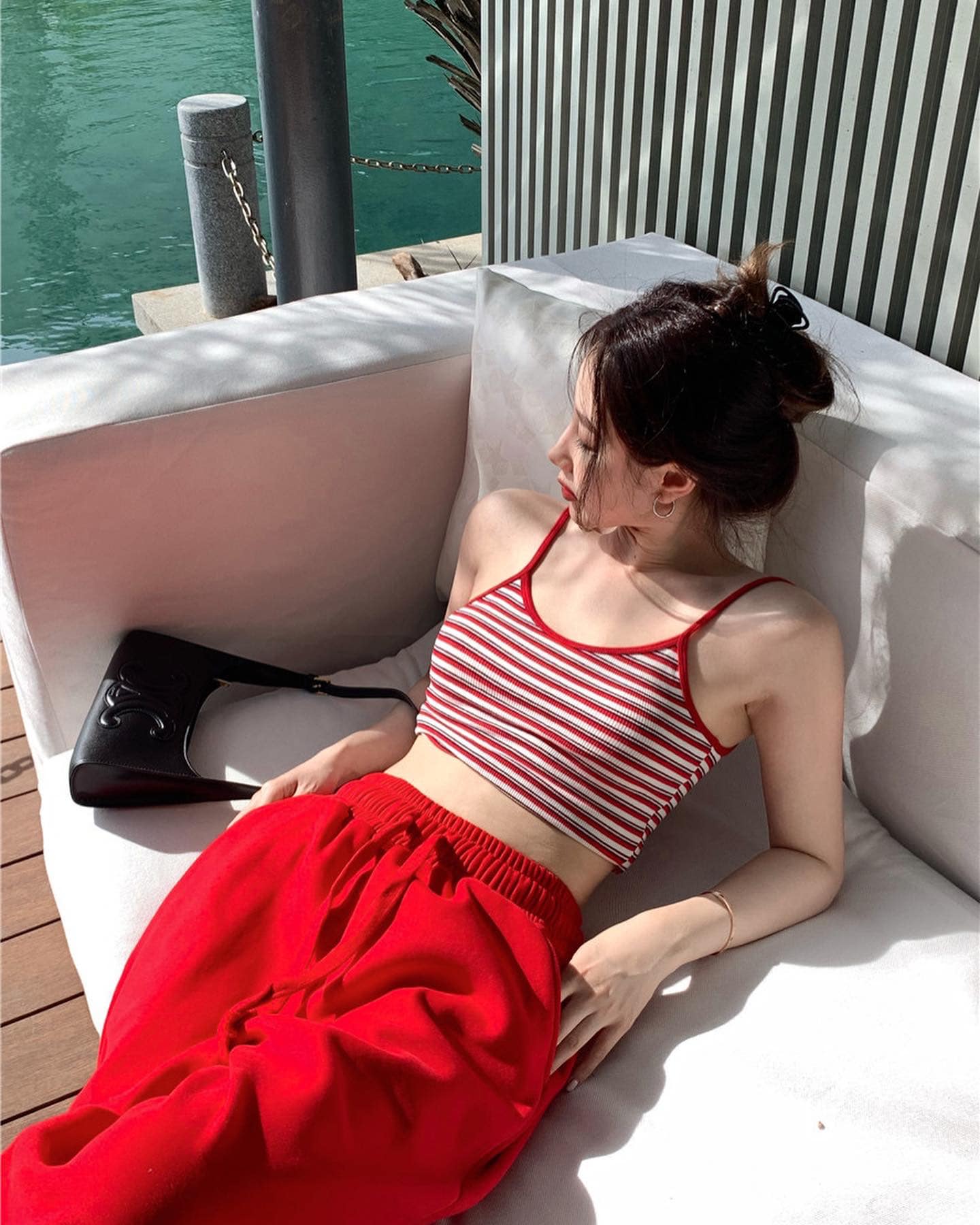 Red Stripes Crop Singlet & Red Long Pants Set