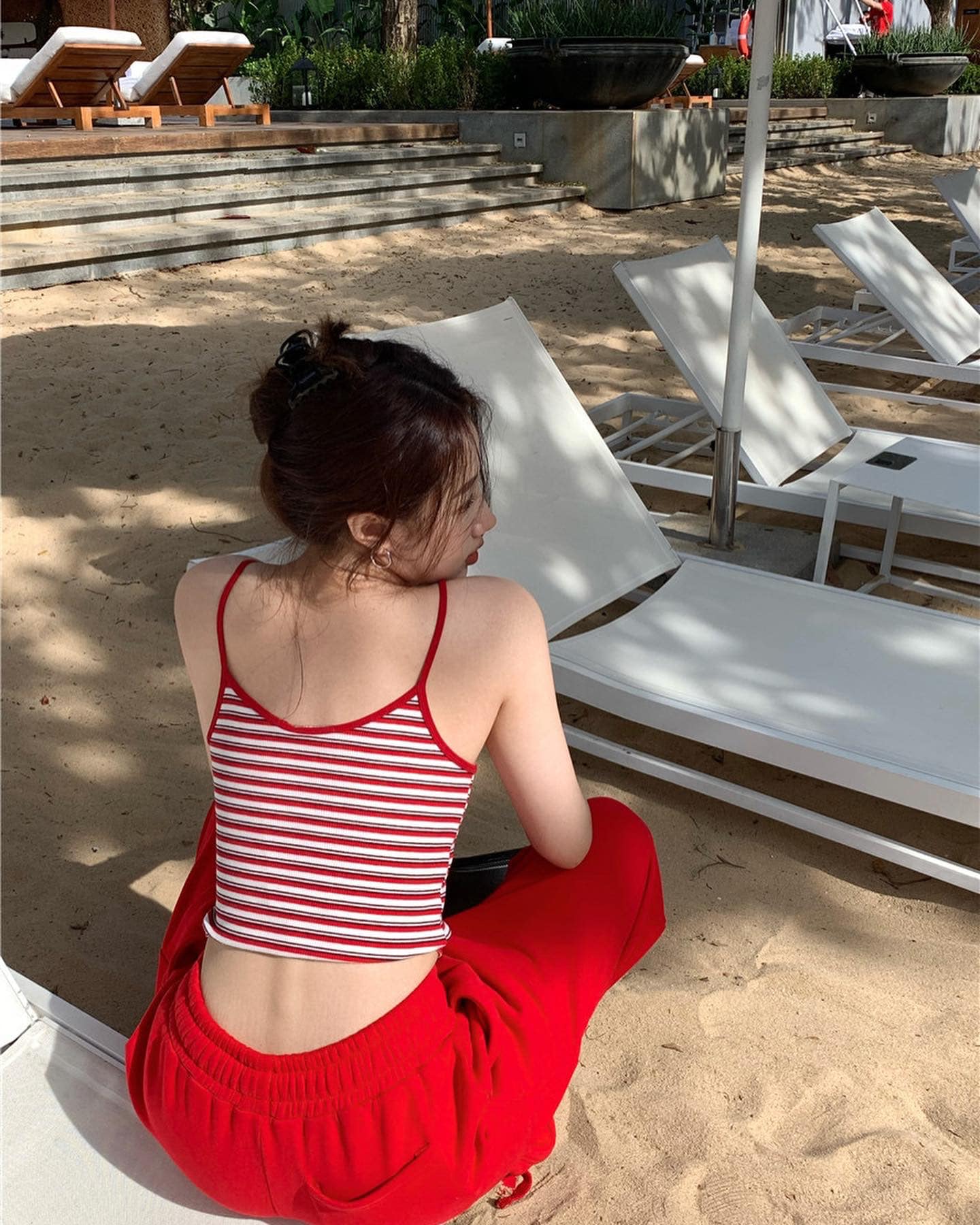 Red Stripes Crop Singlet & Red Long Pants Set