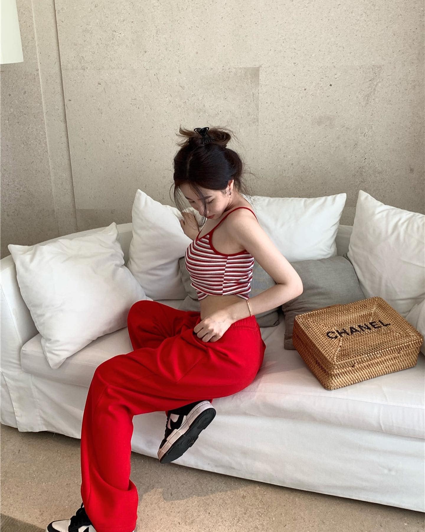 Red Stripes Crop Singlet & Red Long Pants Set