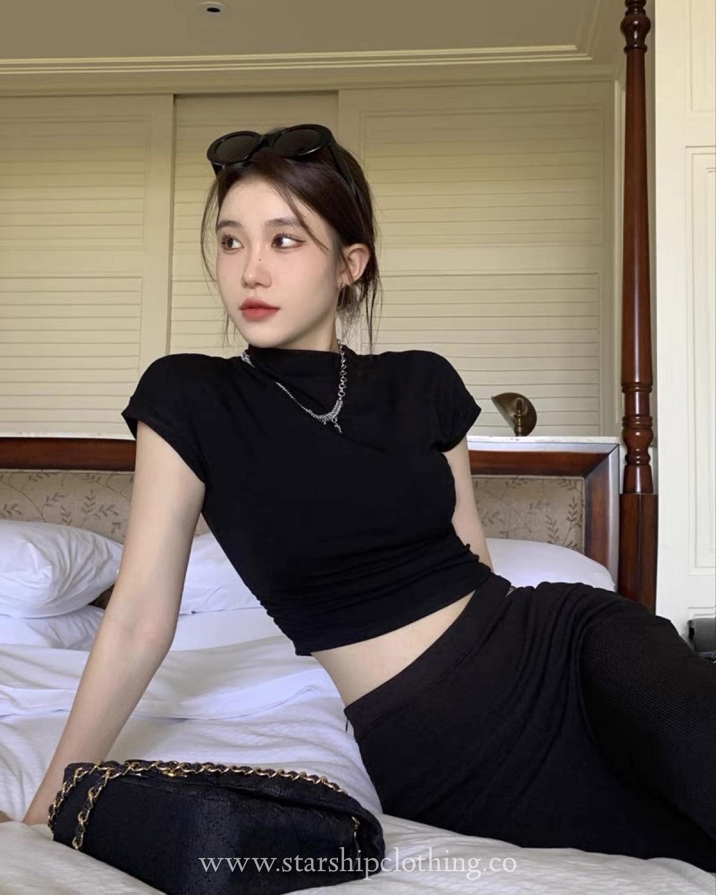 Round Neck Top & Trumpet Slit High Waist Long Pants Set