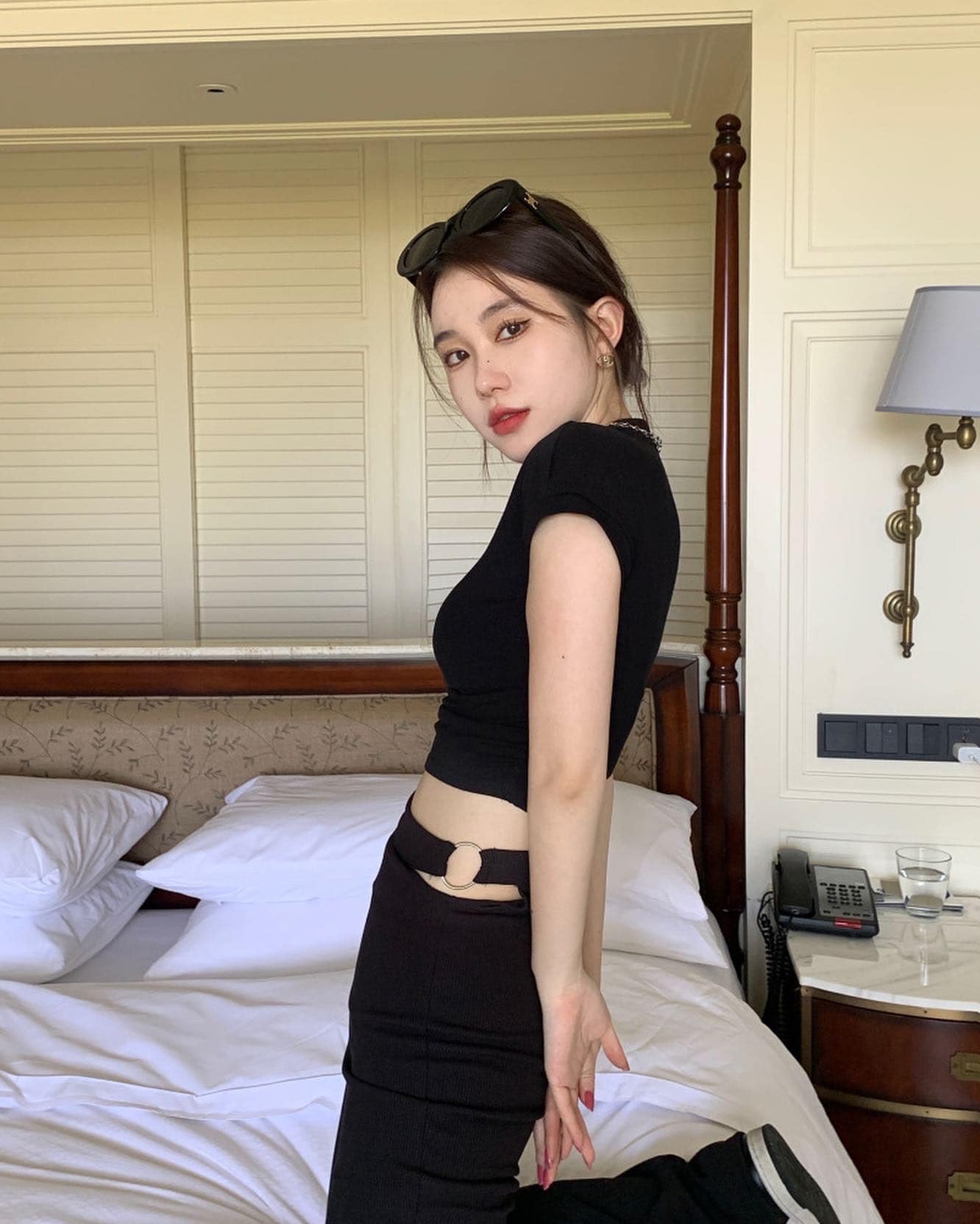 Round Neck Top & Trumpet Slit High Waist Long Pants Set