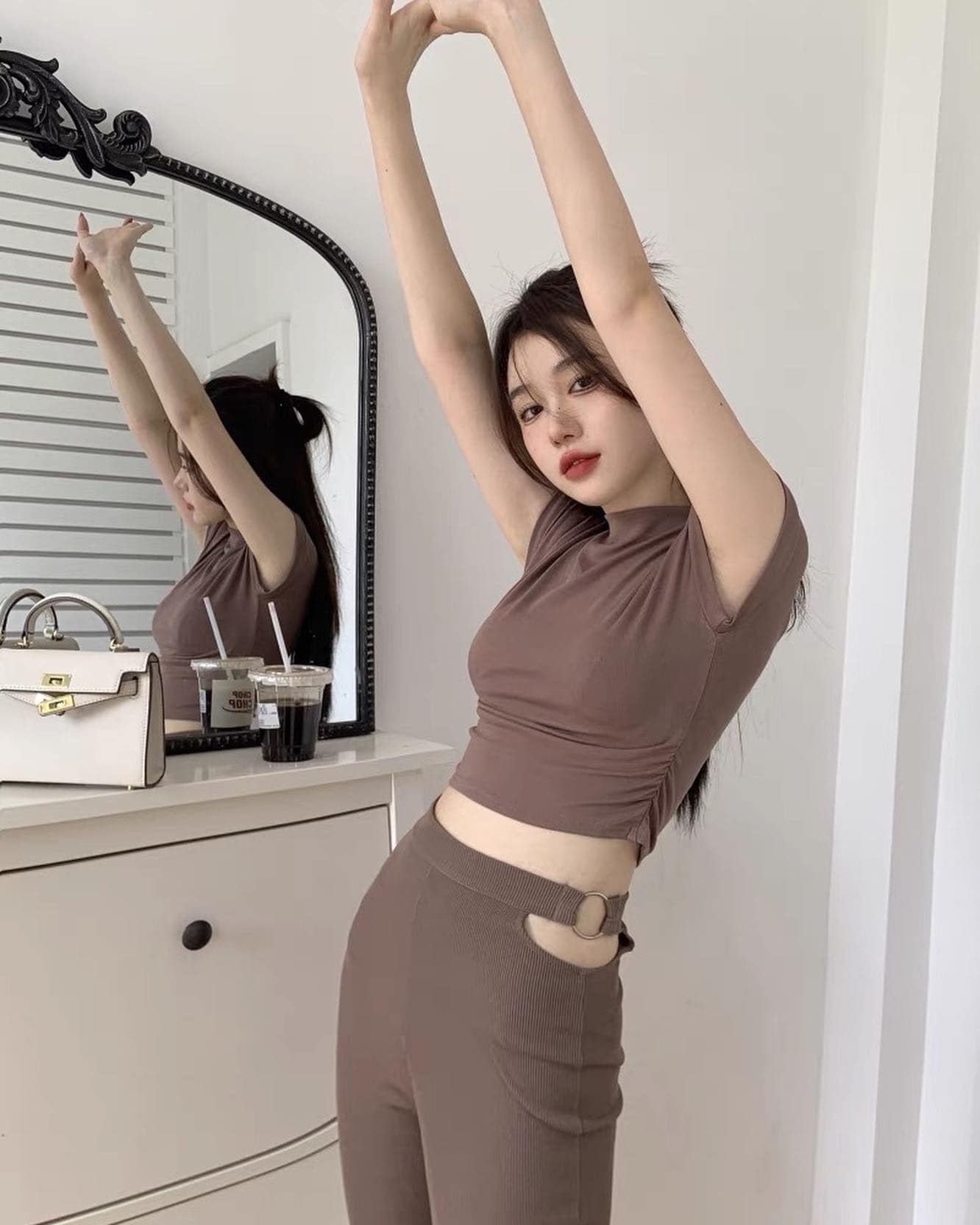 Round Neck Top & Trumpet Slit High Waist Long Pants Set